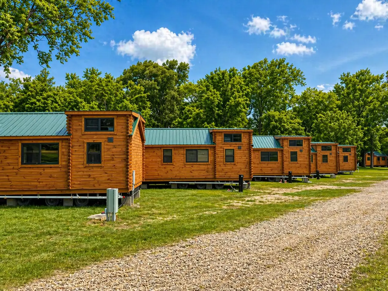 Furnished log cabins with green metal roofs along a gravel drive