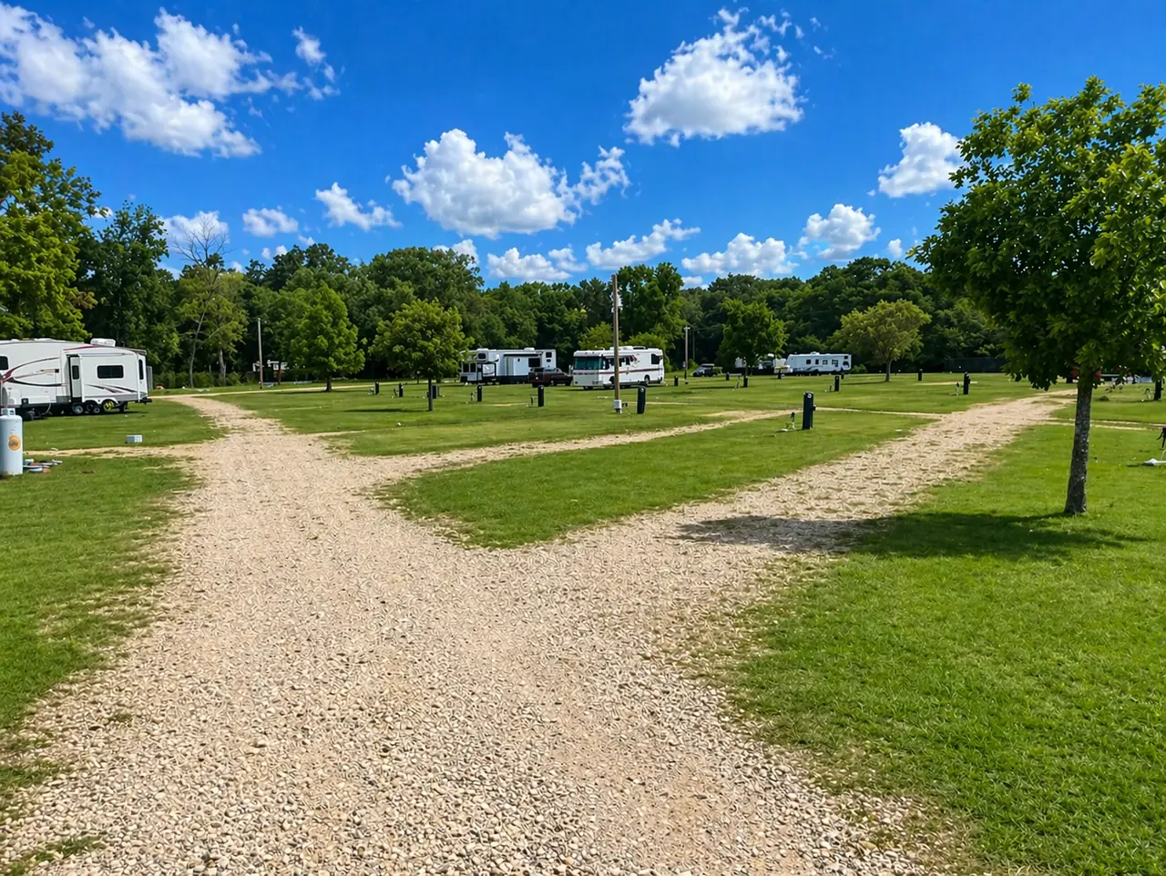 Gravel roads branching between grassy RV sites