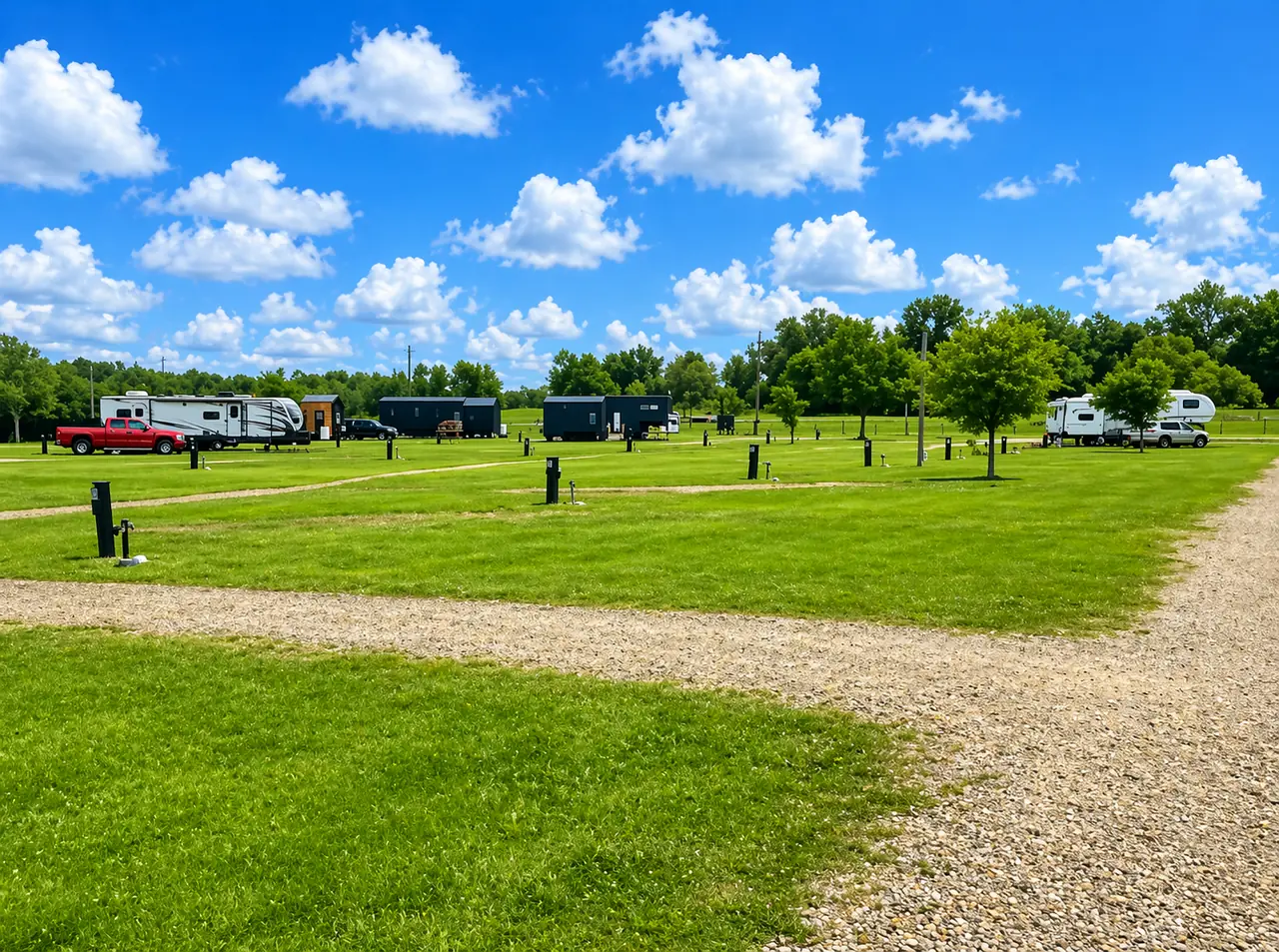 Open, level RV sites with full hookups