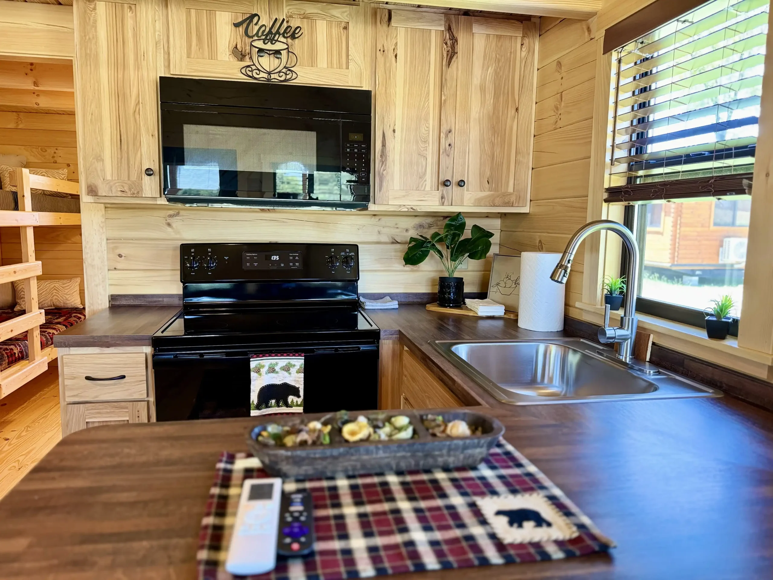 Cabin kitchen with modern appliances